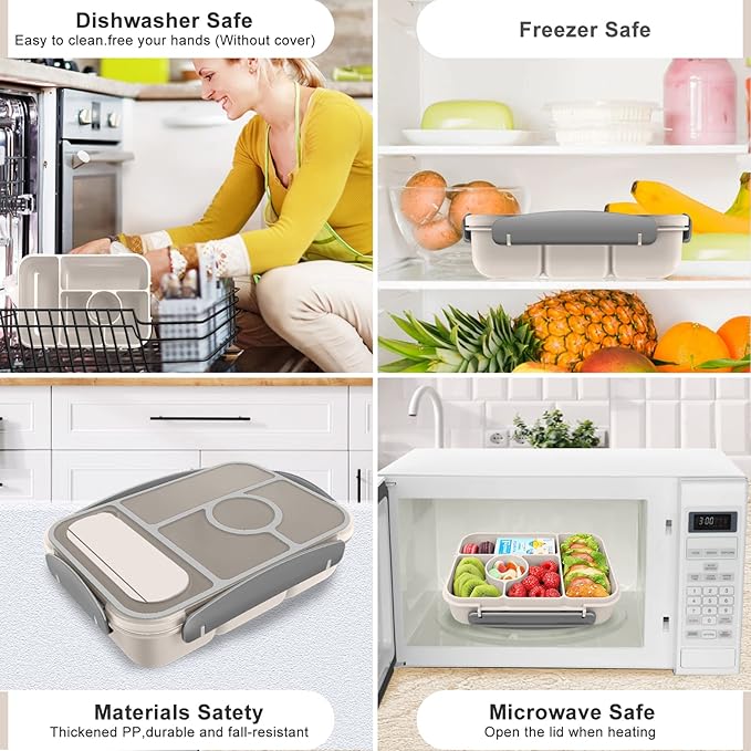 Lunch Box for Adults/Kids/Toddler,5 Compartments Bento Lunch Containers with Sauce Vontainers,Microwave & Dishwasher & Freezer Safe,BPA Free(White)
