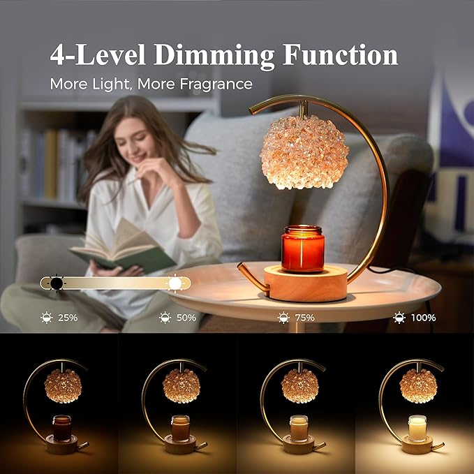 Yeuslor Gold Candle Warmer Lamp for Jar Candles with Adjustable Brightness＆Timer，Handcrafted Crystal＆Wooden Base, Luxurious Design,Home Decoration Electric Candle lamp(C-Shaped)
