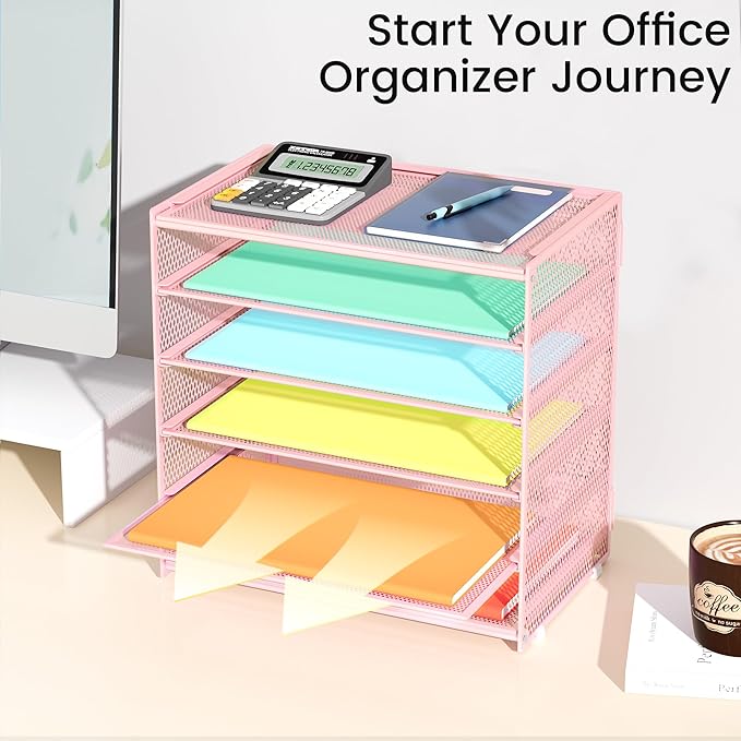 6 Tier Paper Organizer, Metal Mesh Desk File Folder, Letter Tray Organizer, Paper Sorter Desk Organizers for Office, Home or School File Folder Holder - Pink