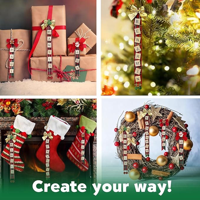 Christmas Ornaments Tree Decorations Personalized Crafts for Adults Kit DIY Ribbon Letter Tiles Bells Rustic Stockings Name Tags Hanging Xmas Decor for Gifts Wreath Holiday(Tartan)