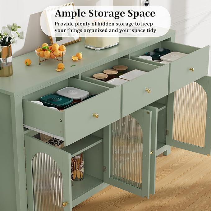 FINETONES Buffet Cabinet with Storage, 55.1" Large Sideboard Buffet, Farmhouse Kitchen Cabinet with 3 Drawers and 4 Doors, Wood Coffee Bar Table for Kitchen, Green