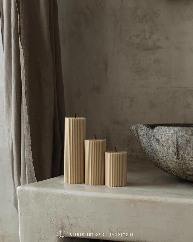 LAWA Roman Handmade Tall Ribbed Pillar Candle - Beautiful Scented Soy Wax Dinner Candle | Classic Aesthetic Decoration Set | Housewarming Gift | Home Room Shelf Decor Idea - Moon Gray (Set of 3)