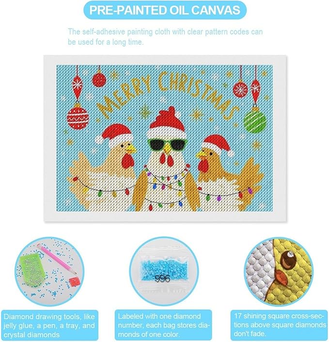 AIVKIEJK Diamond Painting Kits for Adults - Christmas Rooster Santa Hat & Fashion Glasses Painting DIY 5D Full Drill Diamond Dots Paintings with Diamonds Gem Art and Crafts Home Decor 8"x12"