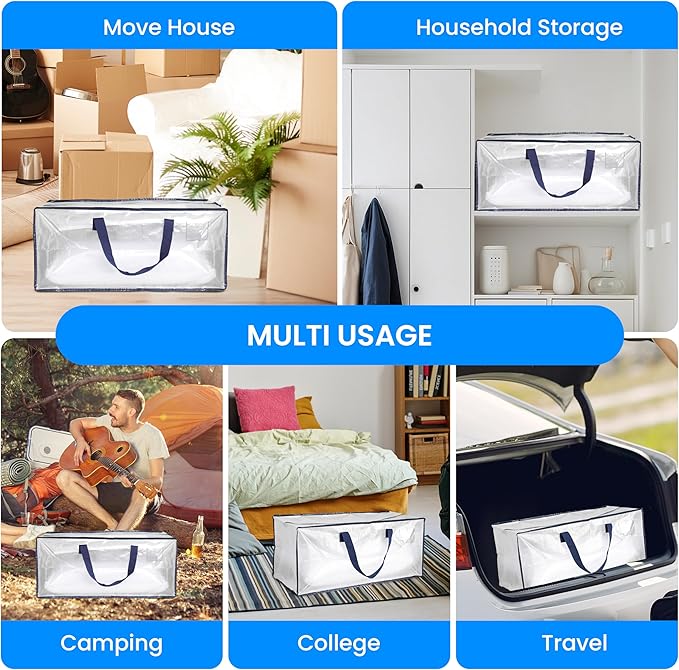 Simple Deluxe 6 Pack Extra Large Moving Bags with Backpack Straps, Strong Handles/Zippers, Heavy Duty Storage Tote for Moving Travel Camping Space Saving, White
