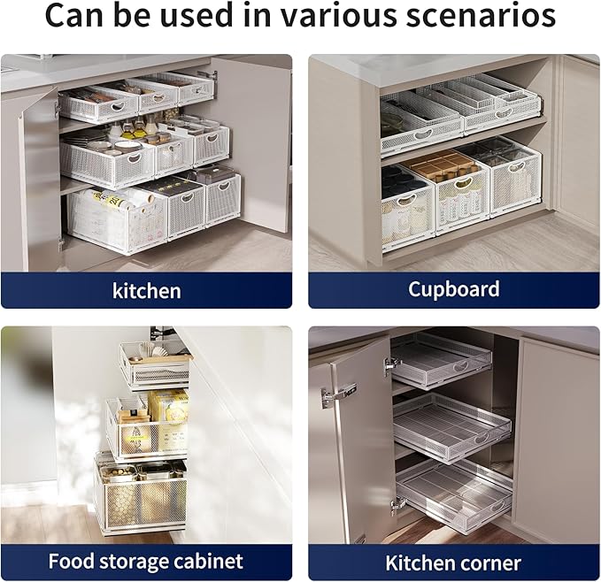 2 Pack Pull Out Cabinet Organizer, No Drill Adhesive Sliding Drawers for Kitchen, Metal Mesh Wire Storage Shelf for Pantry & Under Sink, White (9.6" W x 11.8" D x 3.9" H)