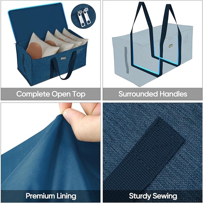 BALEINE Extra Large Storage Tote with Zippers & Carrying Handles, Heavy-Duty Oxford Fabric Moving Bags for Laundry, Space Saving, Storage, Denim Blue