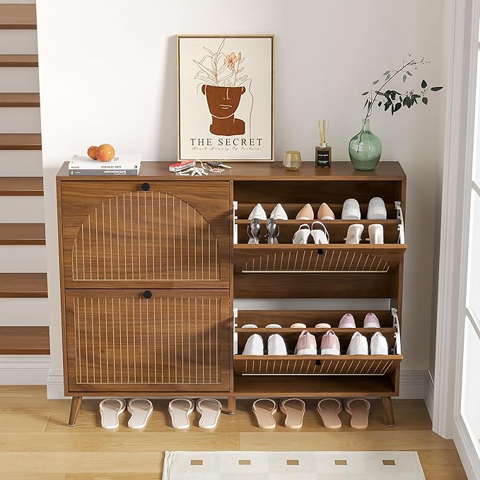 Fsbecl Shoe Storage Cabinet for Entryway with 4 Flip Drawers, Narrow Shoe Organizer with Fluted Panel, Freestanding Wood Hidden Shoe Cabinet (Walnut, 4 Flip Drawers)