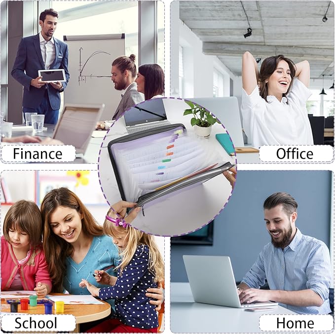 NAFY Accordian File Organizer, 13 Pockets Expanding File Folder with Zipper, A4 Letter Size Portable Accordion Expanding File Folders with Multicolor Labels for Office School Supplies (Black+Purple)