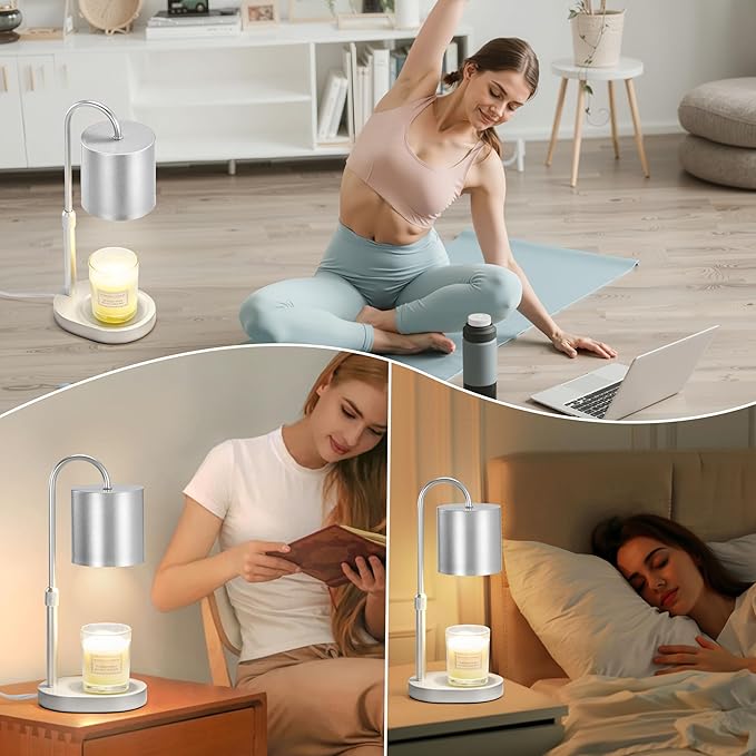 Dreamholder Electric Candle Warmer Lamp with Timer & Dimmer, Adjustable Height Wax Melt Warmer for Jar Candles, Wood Base Candle Melter, Floral Home Decor Gifts for Women, Mom, Silver