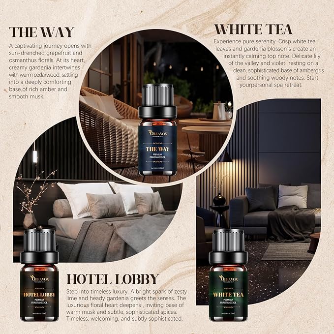 Hotel Diffuser Oils Gift Set, Essential Oils for Diffusers for Home, Luxury Fragrance Oil Set, Candle & Soap Making Scents, Jasmine & Mint, White Tea, The Way, Dream State, Hotel Lobby, Crystallé