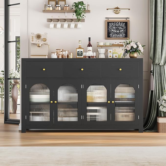 FINETONES Buffet Cabinet with Storage, 55.1" Large Sideboard Buffet Farmhouse Kitchen Cabinet with 3 Drawers and 4 Doors, Wood Coffee Bar for Kitchen, Black
