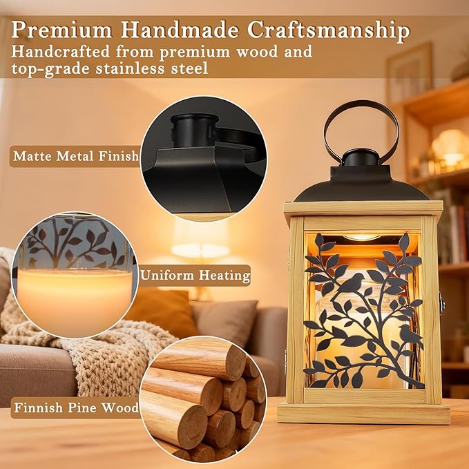 Candle Warmer Lamp, with Timer and 2 Bulbs Dimmer Farmhouse Lantern for Top-Down Adjustable Candle Warmer, Electric Lamp for Jar Candles, Auto Shut Off Home Decor Gift for Women (Handmade Wood)