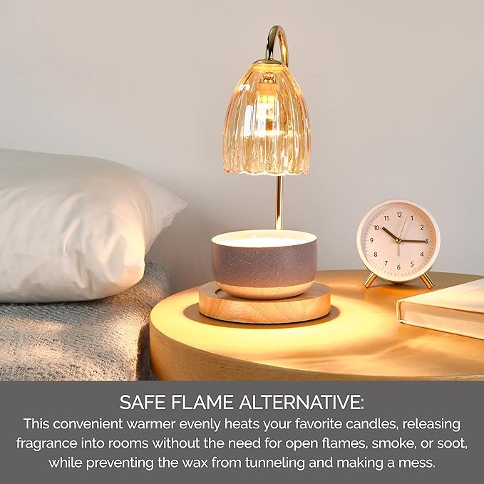 Mikasa 13.2 Inch Amber Glass Shade Electric Candle Warmer - Elegant Lamp Style Warmer with Wood Base, 50W Halogen Bulb, Safe Flameless Fragrance for Home Decor