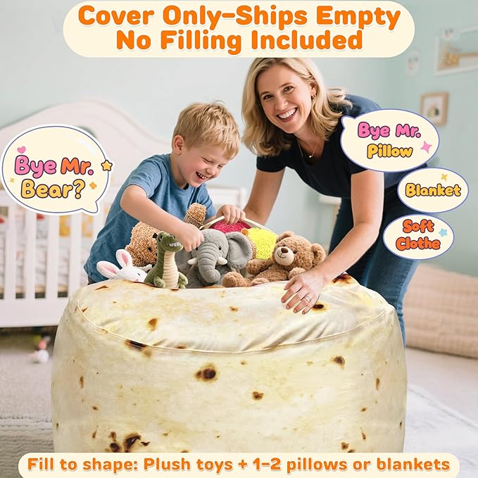 Lukeight Burrito Stuffed Animals Storage Bean Bag Chair Cover Only (Ships Empty, No Filling) - Velvet YKK Zipper Beanbag Cover for Toddlers and Kids, Washable Plush Toy Organizer, Large 27" D x 16" H