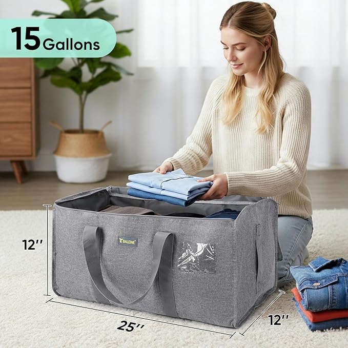 BALEINE Extra Large Storage Tote with Zippers & Carrying Handles, Heavy-Duty Oxford Fabric Moving Bags for Laundry, Space Saving, Storage,2-Pack, Winter Gray