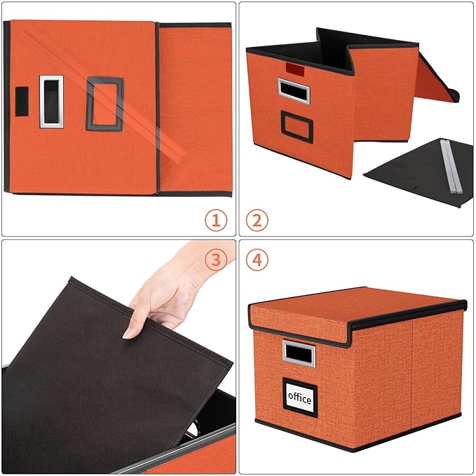 Huolewa File Organizer Box with Lid, Collapsible File Folder Organizer for Office Document Storage, Filing Box with Plastic Slide for Letter Size Hanging File Folders(1 Pack, Reddish Organge)