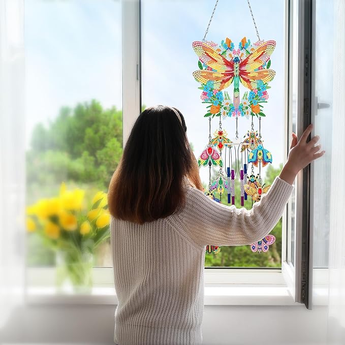 Dragonfly Diamond Art Painting Wind Chimes DIY Kits Bee 5D Diamond Art Wind Chime Hanging Ornament Set Double Sided Special Shaped Beads by Number Mosaic Wind Chime Pendant for Yard Tree Home Decor