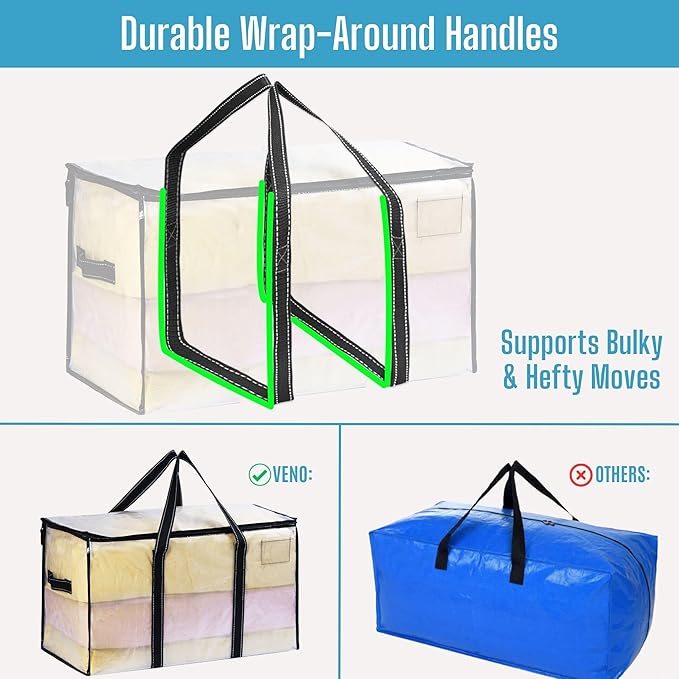 VENO 10 Pack Clear Storage Moving Bags, Heavy Duty Storage Bins with Lid, Around Handles, Tag, Zippers, Extra Large Totes Packing Moving Boxes Supplies for College Dorm Clothes (Transparent)