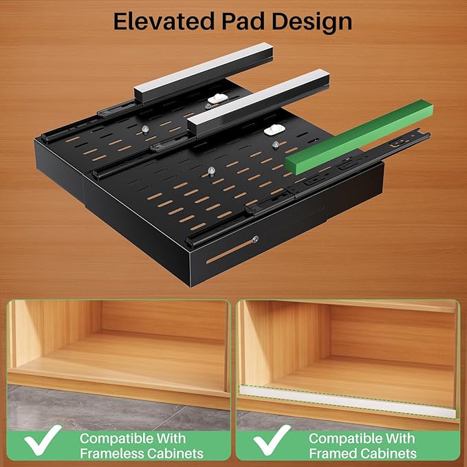 Pull out Cabinet Organizer, Expandable Width(14"-24"), Depth(13"-24") with 3 Rails, Slide Out Drawers With Raising Pad for Framed Cabinets, Fixed with Adhesive Film for Cabinets in Kitchen, Black