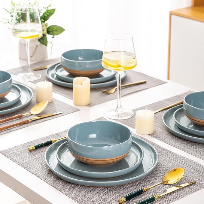 AmorArc Ceramic Dinnerware Sets for 4, 12 Pieces Handpainted Plates and Bowls Set with Rustic Terracotta Underside, Scratch Resistant Stoneware Dishes Set, Dishwasher & Microwave Safe, Stone Blue