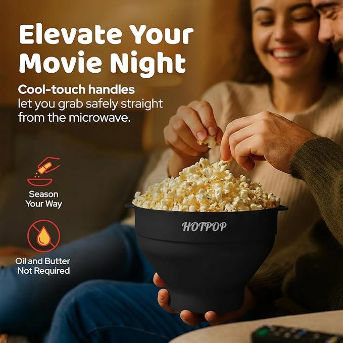The Original Hotpop Microwave Popcorn Popper, Silicone Popcorn Maker, Collapsible Bowl BPA-Free and Dishwasher Safe- 20 Colors Available (Black)