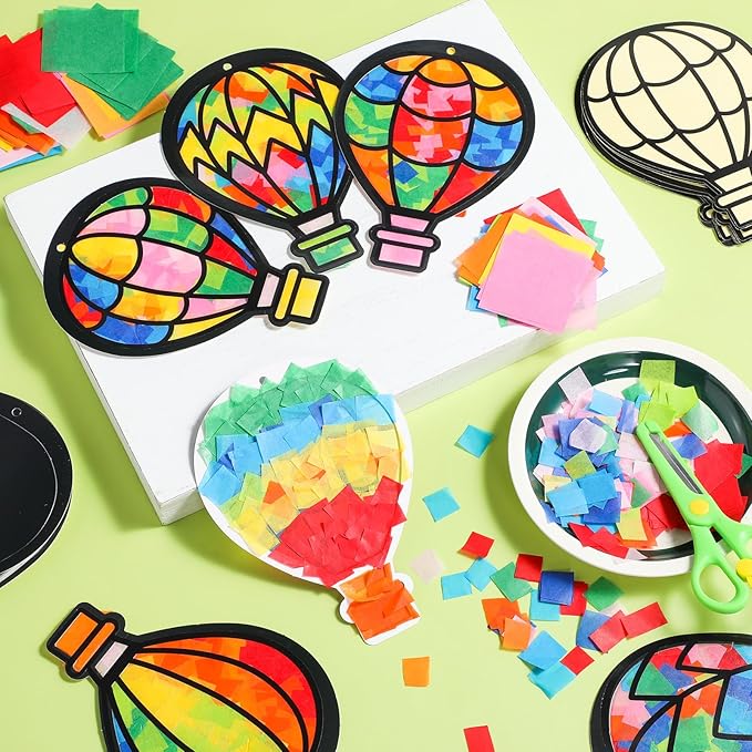 Tinlade 24 Sets Crafts Suncatcher Tissue Paper Craft Kit DIY Window Decor Make Your Own Cross Hanging Ornaments for Holiday Activities Party Favors(Hot Air Balloons)