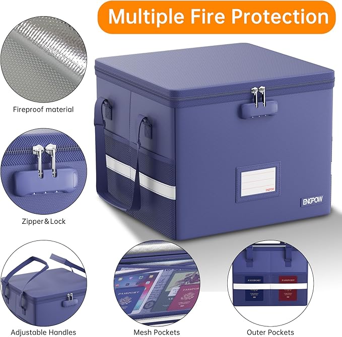 ENGPOW 5200°F File Box Fireproof Document Box with Lock,Heat Insulated Collapsible File Storage Organizer Box with Handle,Portable Home Office File Cabinet for Hanging Letter/Legal Size Folder, Blue
