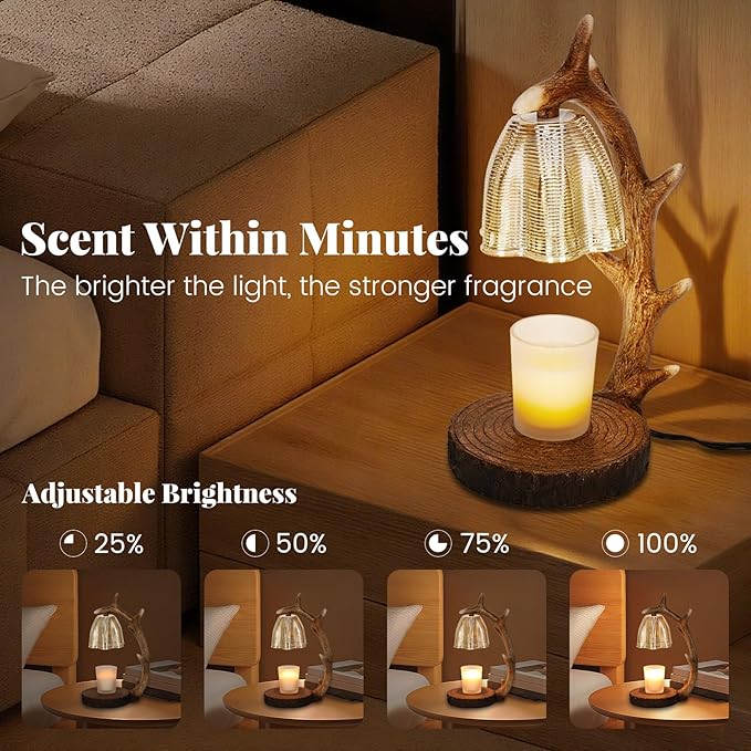 Candle Warmer Lamp | Rustic Candle Warmer Lamp with Timer and Dimming Function | Suitable for Retro Decoration and Creative Gifts Features A Resin Reindeer Antler Design and Comes with 2 Light Bulbs