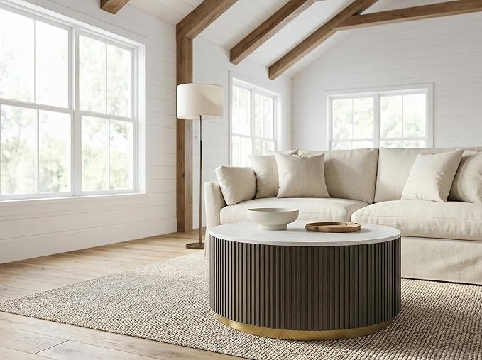 Furnifact White and Charcoal Round Coffee Table Jason Marble Top Contemporary Design Durable Wood Finish Stylish Living Room Accent