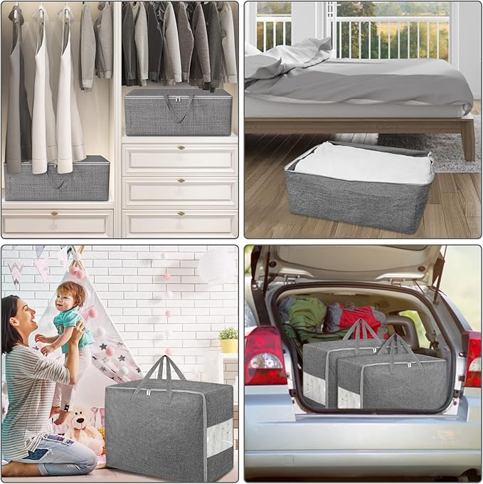 8Pack 105L Extra Large Storage Bags, Folding Moving Comforter Blanket Storage Bags Closet Organizers and Storage Containers for Clothes with Strong Handles&Zippers Clear Window for Bedding Pillow Grey
