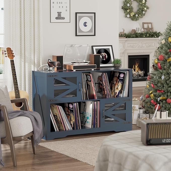 Large Record Player Stand with Vinyl Storage, 500+ Vinyl Record Storage Cabinet, 47 Inch Record Player Table with Power Outlet, Farmhouse Wooden Turntable Stand for Living Room, Blue