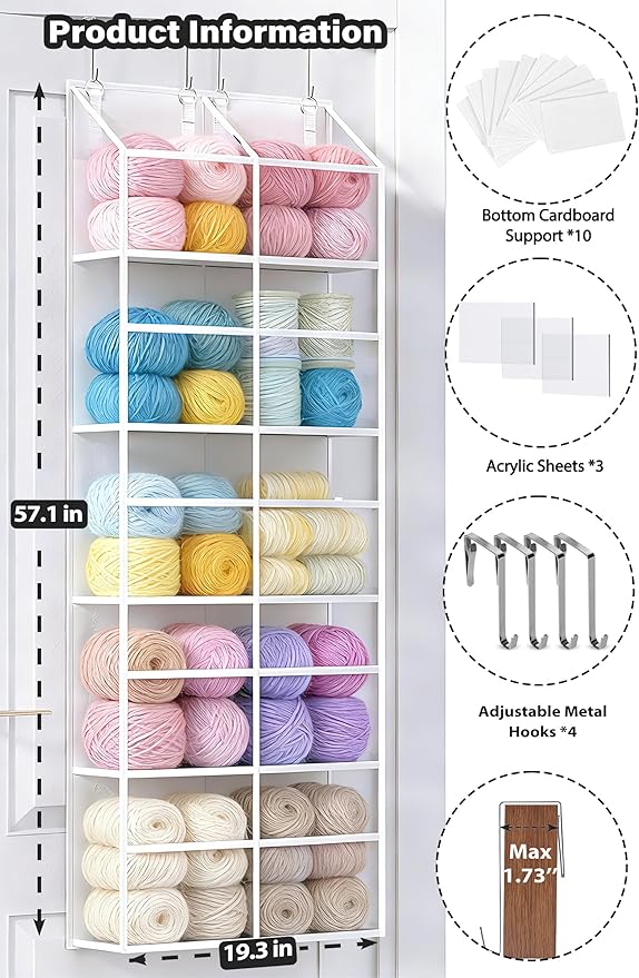 ALLTIDYUP 5 Tier Hanging Yarn Storage, 10 Clear Pockets Over the Door Organizer, Heavy Duty Oxford Fabric, Large Capacity 50lbs for Closet, Dorm Room, Pantry, Nursery, Crochet Hooks & Knitting Needles