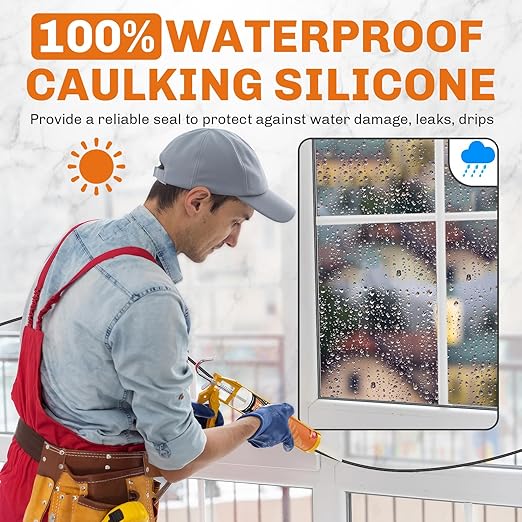 WELLUCK Black Silicone Caulk, 100% Waterproof Silicone Sealant Adhesive Caulking,for RV, Kitchen,Bathroom, Window, Door, Glass, Auto Leak Sealing 10.2FL.OZ/300ML（12 Pack）