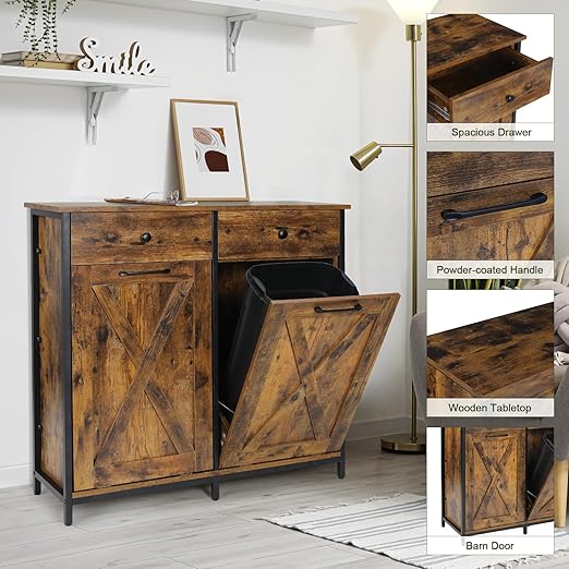 Clevich Double Tilt Out Trash Cabinet 20 Gal, Kitchen Wooden Recycling Cabinet, Hidden Garbage Can Holder w/Drawers & Tabletop, Dog-Proof Trash Bin Cupboard, Rubbish Bins NOT Included (Retro Brown)