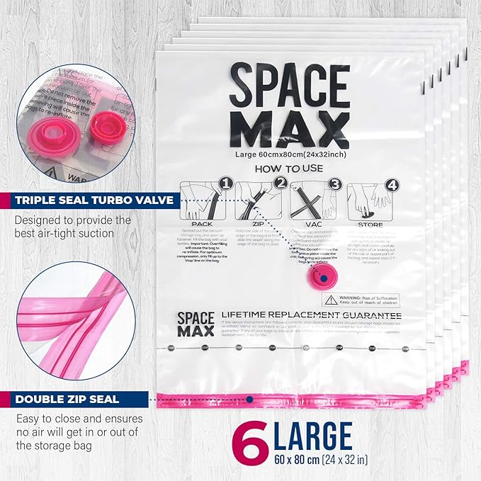 Large 6 Pack | SPACE MAX Premium Space Saver Vacuum Storage Bags - Save 80% More Storage Space - Reusable, Double Zip Seal & Leak Valve, Includes Travel Hand Pump