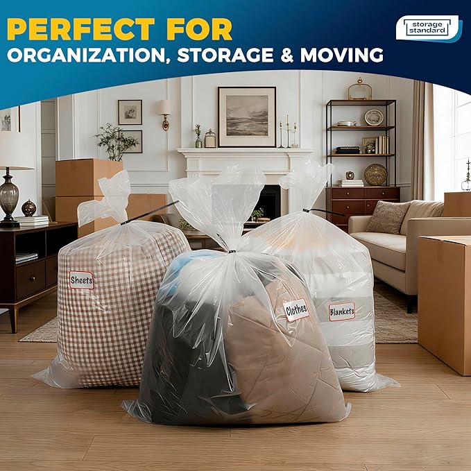 Storage Standard Large Clear Plastic Bags for Storage 6-Pack - Waterproof Extra Large Plastic Bags with Zip Ties, Heavy-Duty Cover for Clothes, Blankets, Linens & Bedding Organization - 32 x 42 Inches