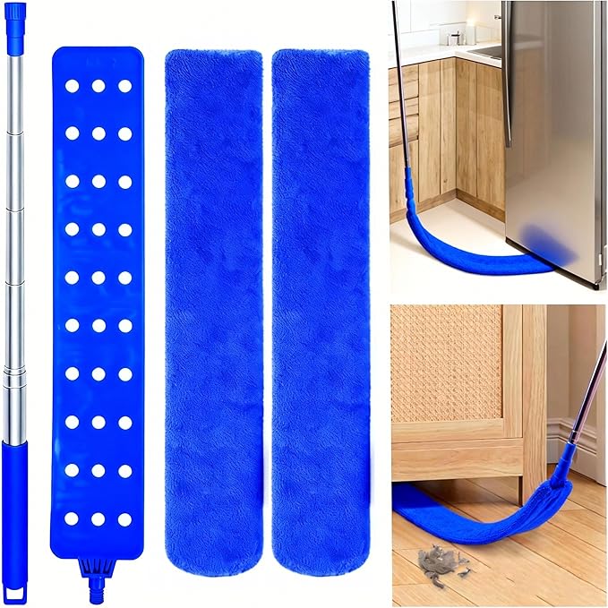 Retractable Gap Dust Cleaner Under Appliance Cleaning Tool, GMLRKY Flat Duster for Under Refrigerator Fridge Stove Couch Bed, Skinny Thin Duster for Tight Spaces (Blue)