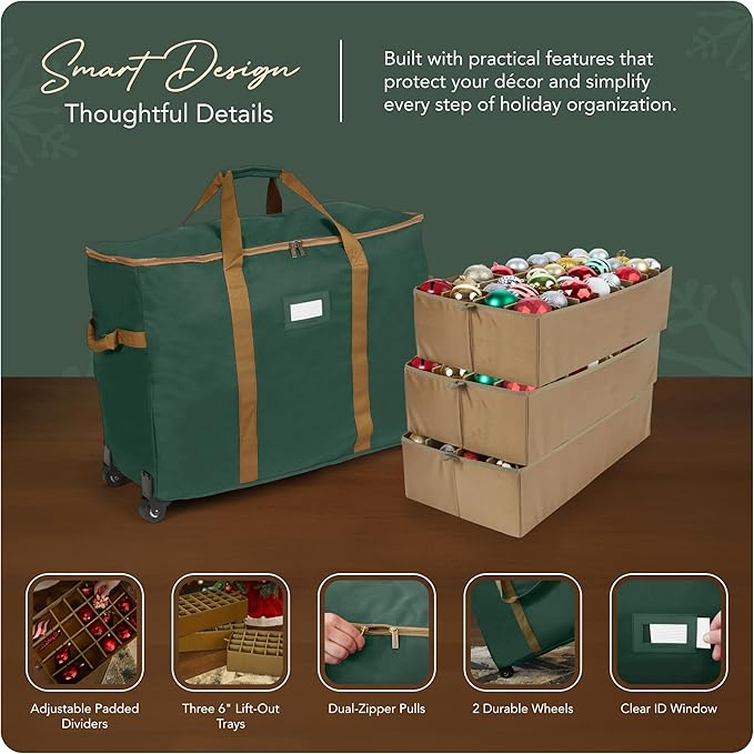 Covermates Keepsakes Rolling Adjustable Ornament Storage Bag – Heavy-Duty Polyester, FlexGrid Trays & Padded Dividers – Protective Holiday Organizer with Wheels, Handles & ID Window, Green