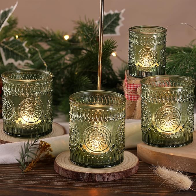 DEVI 8oz Empty Green Embossed Glass Candle Jars for Making Candles Set of 8, Bulk Empty Candle Containers, Glass Tins Making Supplies for Gifts, Wedding Decorations