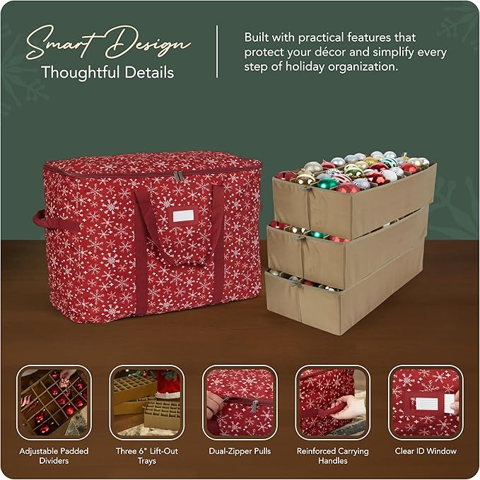 Covermates Keepsakes Adjustable Ornament Storage Bag – Heavy-Duty Polyester, Padded Dividers & FlexGrid Trays – Protective Holiday Ornament Organizer with Handles & Label Window, Red Snowflake