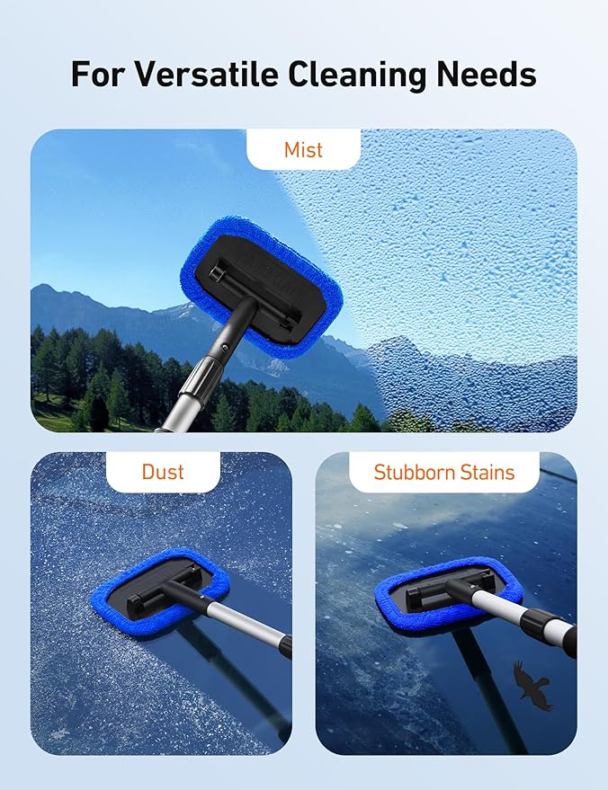 AstroAI Windshield Cleaner Tool, Microfiber Car Window Cleaner with 4 Reusable and Washable Microfiber Pads and Extendable Handle Auto Inside Glass Wiper Kit, Blue
