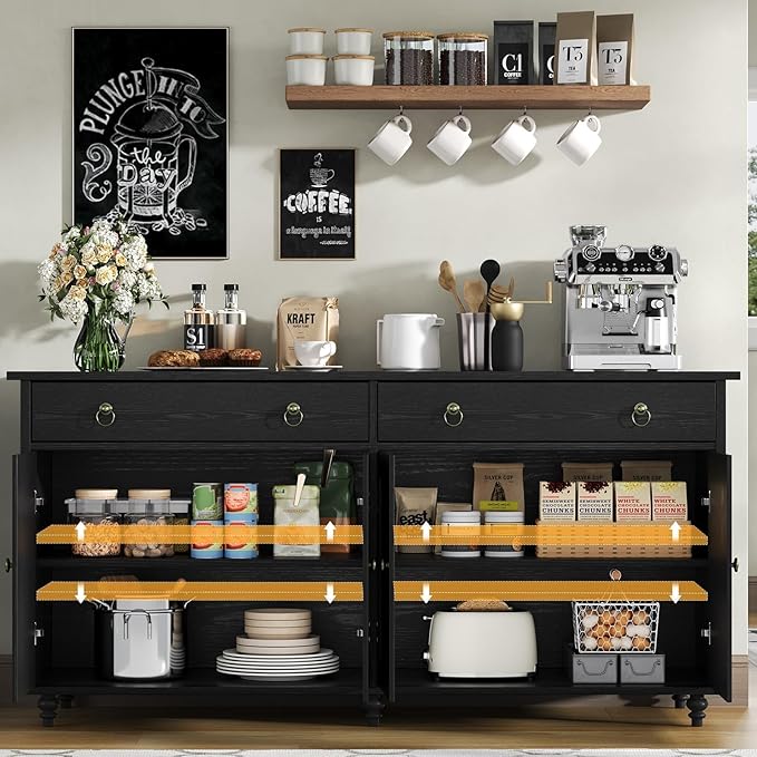 4 EVER WINNER Buffet Cabinet with Storage, 55" Black Sideboard Buffet Cabinet with Drawers and Doors, Coffee Bar for Dining Room