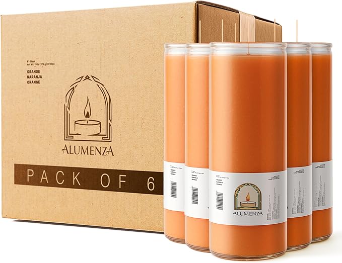 Bulk 6 Pack Orange 7 Day Candles in Glass Jar – Paraffin Wax, Clean Burning Unscented | Large & Tall Devotional Prayer Pillar Candles for Home, Memorial, Spells, Long Lasting