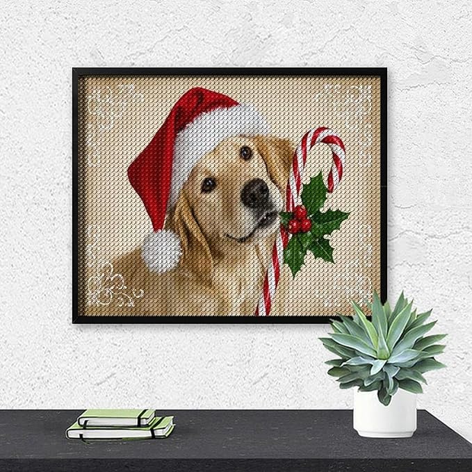 Diamond Painting Kits for Adults - Christmas Golden Retriever Puppy in Santa Hat with Candy Cane Painting DIY 5D Full Drill Diamond Dots Paintings with Diamonds Gem Art And Crafts Home Decor 16"x20"