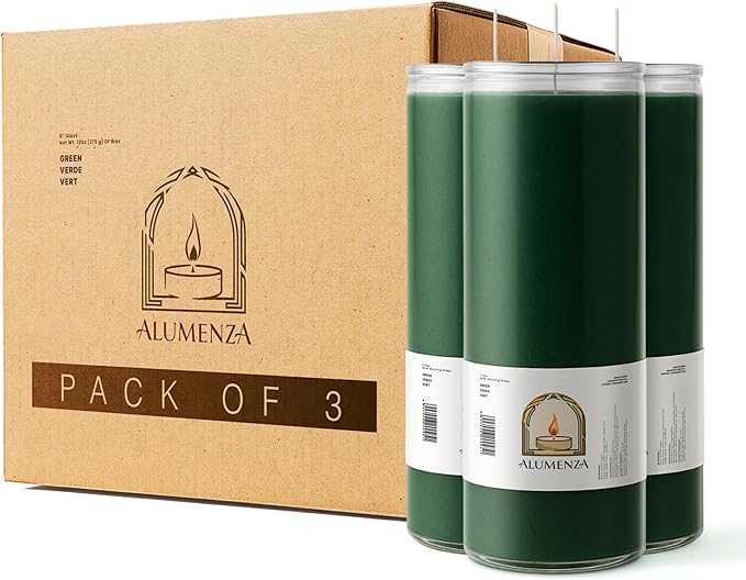 3 Pack Green 7 Day Candles in Glass Jar – Paraffin Wax, Clean Burning Unscented | Large & Tall Devotional Prayer Pillar Candles for Home, Memorial, Spells, Long Lasting