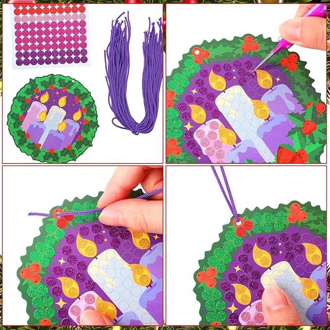 Baderke 30 Sets Christmas Advent Craft Kit Make Your Own Glitter Mosaic Advent Candle Craft DIY Glitter Mosaic Christmas Wreath Ornament for Xmas Home Activities