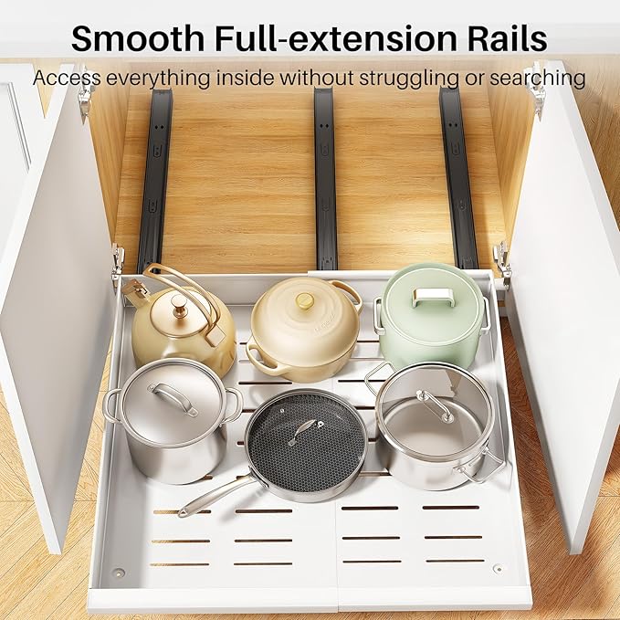 Pull out Cabinet Organizer, 1-Pack Expandable(13.6"-24") Silde out Drawers with Raising Pad for Framed Cabinets, Adjustable Full-Extension Adhesive Roll out Shelves for Kitchen Pantry Home Pot and Pan