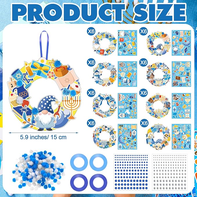 Hollowfly 48 Sets Hanukkah Wreath Craft Kits DIY Menorah Hanging Ornaments Make Your Own Hanukkah Craft with Stickers for Home Party DIY Activities