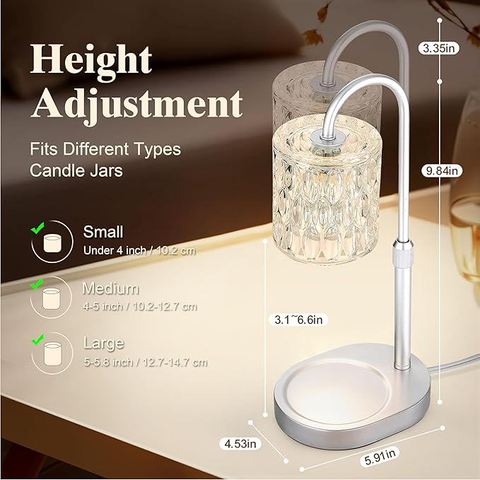 Dreamholder Electric Candle Warmer Lamp with Timer & Dimmer, Adjustable Height Wax Melt Warmer for Jar Candles, Wood Base Candle Melter, Floral Home Decor Gifts for Women, Mom, Silver Glass