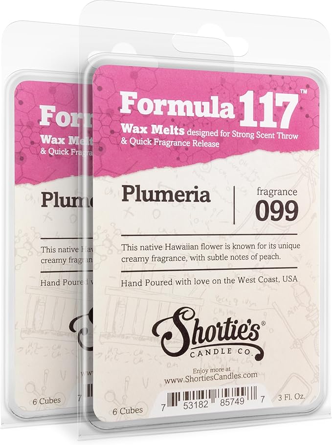 Shortie's Candle Company Pure Plumeria Wax Melts Multi Pack - 2 Highly Scented 3 Oz. Bars (6 Oz. Total) - Made with Natural Oils - Flower & Floral Air Freshener Cubes Collection